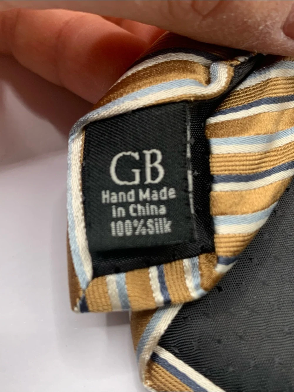 Geoffrey Beene Mustard, Gray and White Striped Silk Tie